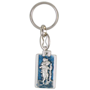 Schlüsselanhänger Hl. Christophorus / Lourdes Metall silber / blau eckig 8 cm