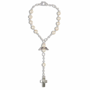 Zehner Rosenkranz Perle Kunststoff weiß mit Schutzengelchen & Verschluß 15 cm