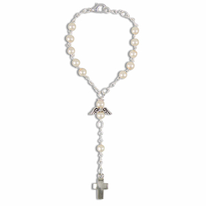 Zehner Rosenkranz Perle Kunststoff wei mit Schutzengelchen & Verschlu 15 cm