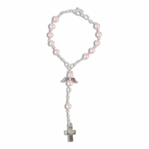 Zehner Rosenkranz Perle Kunststoff rosa mit Schutzengelchen & Verschluß 15 cm
