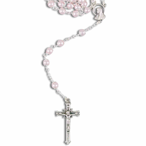Rosenkranz Perle Kunststoff rund rosa - Rosetten - Kreuz / Kruzifix Metall 49 cm