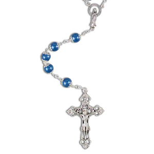 Rosenkranz Kunststoff Perle 8 mm blau rund mit Rosette - Kruzifix Metall 58 cm