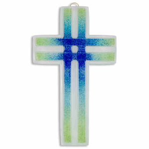 Glaskreuz - Glas Weihkessel weiß - Auflage Stäbe blau - türkis - grün - Set