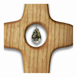 Holzkreuz zum Hängen 12 x 8 cm Kristall Tropfen 1,2 x 2 cm