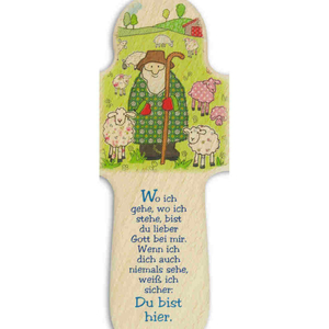 Kinderkreuz Schäfer umgeben mit Schafen Wo ich gehe ... 16 x 10,5 cm Holz bunt