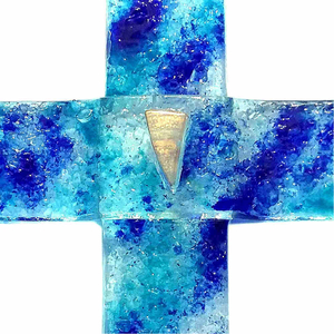 Glaskreuz klein blau trkis gold Fusingglas Relief 12 x 8,5 cm Wandkreuz Unikat