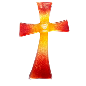 Glaskreuz Wandkreuz orange - rot Fusingglas / Blattgold 16 x 10 cm Handarbeit Glaskunst