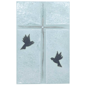 Glaskreuz Fusing Glas Relief Friedenstaube weiß schwarz Kreuz Platin 20 x 11 cm Wandkreuz Unikat Handarbeit