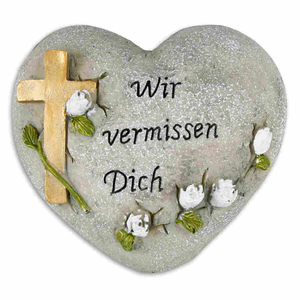 Grabschmuck großes Herz Kreuz / weiße Rosen Wir vermissen Dich Kunststein 12 x8,5 x 9,5 cm