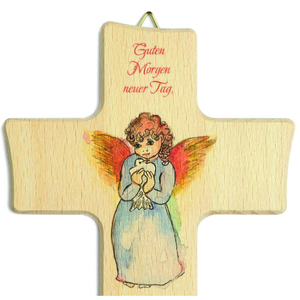 Kinderkreuz Schutzengel mit Taube - Guten Morgen neuer Tag - Buche 20 x 12 cm Geburt Taufe