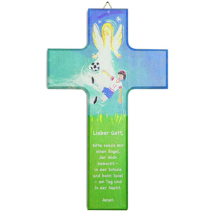 Kinderkreuz Schutzengel / Fußball Kind Gebet Buche bunt bedruckt 15 x 9 cm Geburt Taufe Jungen