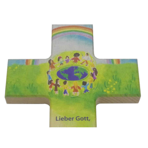 Kinderkreuz Frieden Motiv Regenbogen Kinderkreis um Erde bunt bedruckt 20 x 12 cm