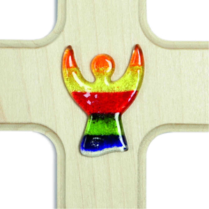 Wandkreuz Kinderkreuz Ahorn hell Auflage Glasengel Regenbogen 16 x 11 cm Taufe Geburt