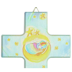 Kinderkreuz Motiv schlafendes Kind Sterne Abendgebet Buche bunt bedruckt 20 x 12 cm Geburt Taufe