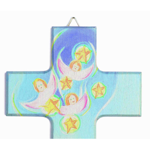 Kinderkreuz Motiv Sternen Schutzengel Abendgebet Buche bunt bedruckt 20 x 12 cm Geburt Taufe