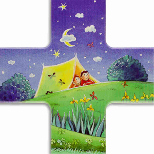 Kinderkreuz Fühl Dich geborgen... Kinder im Zelt unter dem Sternenhimmel Holz bunt Taufkreuz 20 x 12 cm