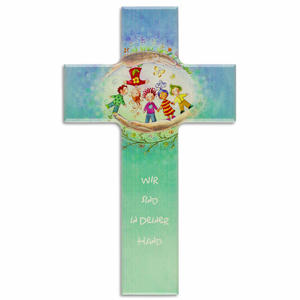 Kinderkreuz Wir sind in Deiner Hand - Kinder umgeben von Gottes Hand Holz bunt 15 x 9 cm