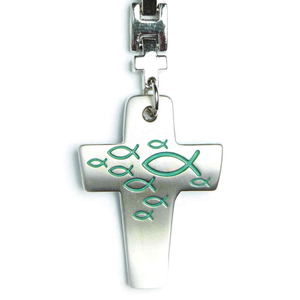 Schlüsselanhänger Kreuzanhänger Metall silberfarben matt Motiv Fische grün 9,5 cm