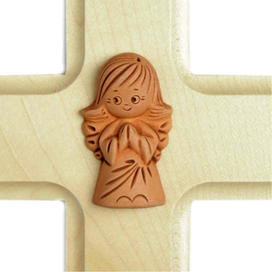 Wandkreuz Kinderkreuz Ahorn hell mit Schutzengel aus Keramik 10 x 10 cm Taufe Geburt