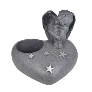 Herz mit Trauerengel anthrazit silberfarbene Sterne für Grabkerze / Teelicht 16 x 20 x 19 cm