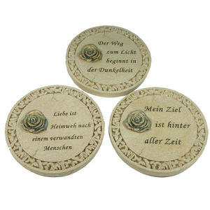 Runde Gedenk Platte Motiv Rose cremefarben mit Spruch 3fach sortiert Grabschmuck