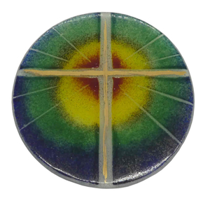 Glaskreuz modern rund Sonne & Regenbogen Kreuz Echtgold 13 cm Unikat Glaskunst Wandkreuz