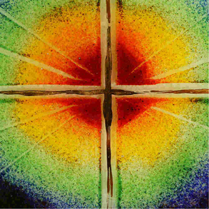 Glaskreuz modern rund Sonne & Regenbogen Kreuz Echtgold 13 cm Unikat Glaskunst Wandkreuz
