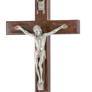 Wandkreuz / Kruzifix Holz braun modernes Design Metallkörper silberfarben 25 cm