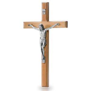 Wandkreuz / Kruzifix Olivenholz natur Jesus Metalllkörper silberfarben 16 cm Schmuckkreuz