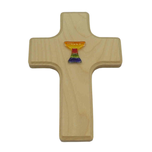 Wandkreuz Kinderkreuz Ahorn hell Auflage Glaskelch Regenbogen 16 x 11 cm Taufe Geburt