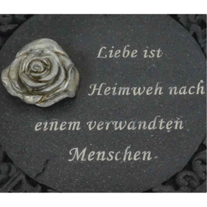 Grabplatte rund anthrazit Bordüre Motiv Rose & Spruch Liebe - 19,5 cm Grabschmuck