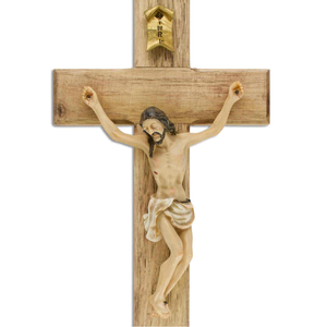 Kruzifix Wandkreuz Holz natur Jesus-Korpus coloriert Polyresin 25 cm Holzkreuz