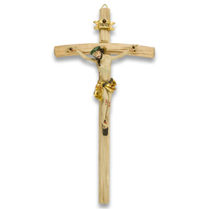 Kruzifix Wandkreuz Holz natur Jesuskorpus coloriert Balken gebogen 24,5 cm Holzkreuz