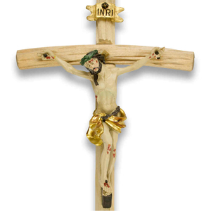 Kruzifix Wandkreuz Holz natur Jesuskorpus coloriert Balken gebogen 24,5 cm Holzkreuz