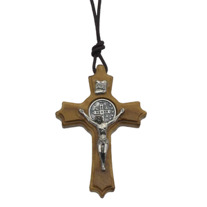 Halskettel Benediktusanhänger Kreuz Olivenholz Korpus Medaille Metall silberfarben 4,5 cm