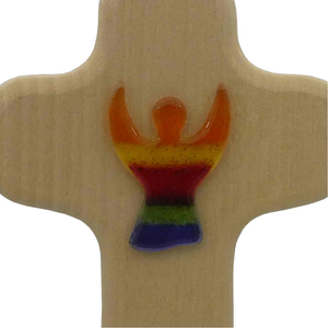 Wandkreuz Kinderkreuz Holz natur Auflage Glasengel Regenbogen 14,5 cm Taufe Geburt