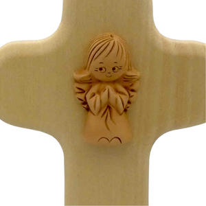 Wandkreuz Kinderkreuz Holz hell mit Schutzengel aus Keramik 14,5 x 10 cm Taufe Geburt