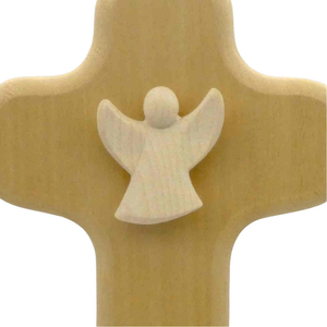 Wandkreuz Kinderkreuz Holz hell mit Schutzengel aus Holz 14,5 x 10 cm Taufe Geburt
