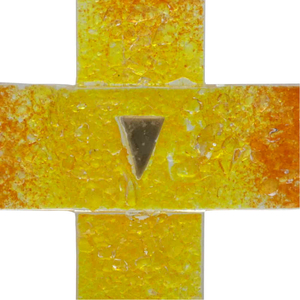 Glaskreuz klein gelb orange Echtgoldverzierung Fusingglas Relief 12 x 8,5 cm Wandkreuz Unikat