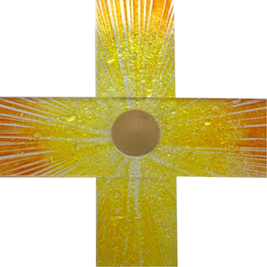 Glaskreuz Wandkreuz Fusing Sonne aufgehend gelb orange Blattgoldauflage Relief 40 cm Glaskunst