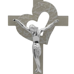 Glaskreuz Herz beige Silberglitzer Metallkorpus modern silber glänzend 21 cm Wandkreuz