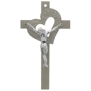 Glaskreuz Herz beige Silberglitzer Metallkorpus modern silber glänzend 26 cm Wandkreuz