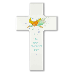 Kinderkreuz Ein Engel beschütze dich - Fliegender Schutzengel Holz weiß  bunt bedruckt 15 cm
