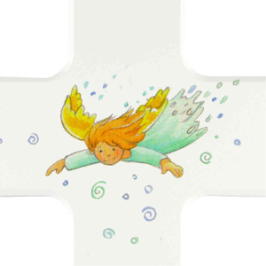 Kinderkreuz Ein Engel beschütze dich - Fliegender Schutzengel Holz weiß  bunt bedruckt 15 cm