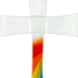 Wandkreuz Glas Regenbogen modern wei 20 x 11 cm Schmuckkreuz Glaskreuz Unikat