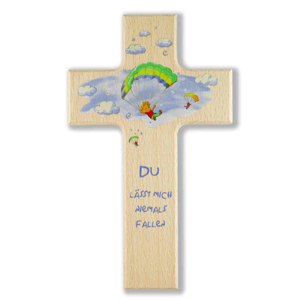 Kinderkreuz - Du lsst mich niemals fallen - Kinder fliegend mit Gleitschirm Holz natur 15 x 9 cm