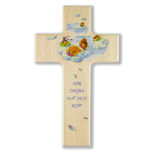 Kinderkreuz - Wir geben auf dich acht - Engel auf Wolke Holz natur bunt bedruckt 15 x 9 cm