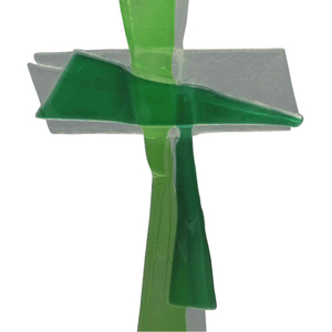 Glaskreuz modern grün transparent geschwungen Handarbeit 30 x 13 cm Schmuckkreuz Wandkreuz