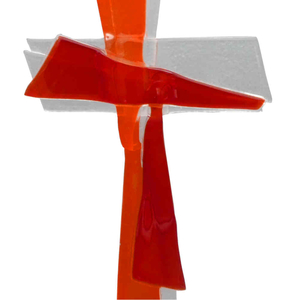 Glaskreuz modern rot transparent geschwungen Handarbeit 30 x 13 cm Schmuckkreuz