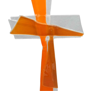 Glaskreuz modern orange transparent geschwungen Handarbeit 30 x 13 cm Schmuckkreuz Wandkreuz
